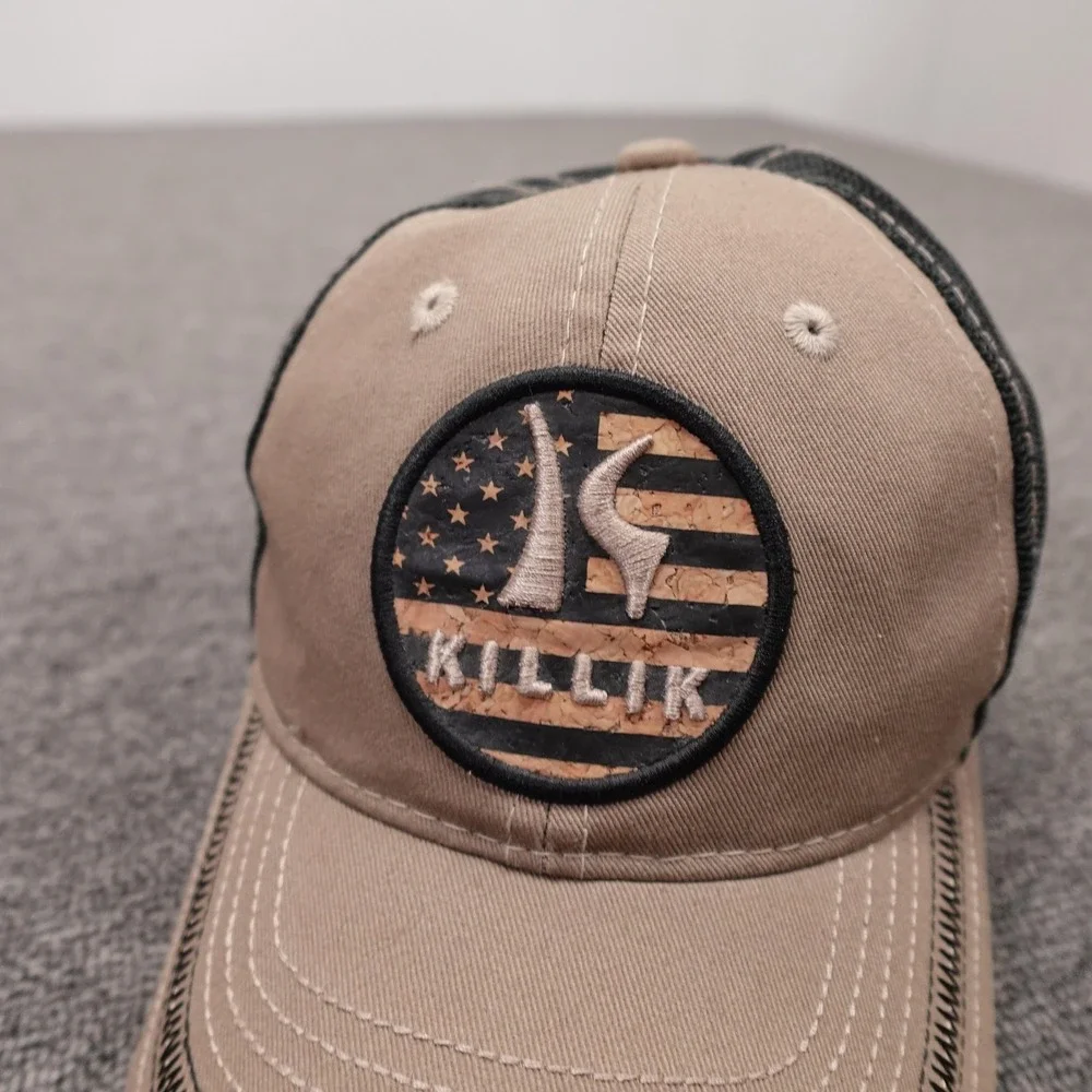 Killik Hat Cap Snap Back Mens One Size Beige Black Mesh Trucker USA Flag Patch